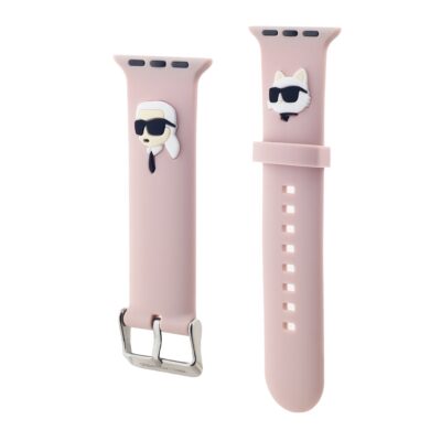 Rausva apyrankė Apple Watch 42 44 45 49mm su Karl Lagerfeld ir Choupette galvų NFT dizainu