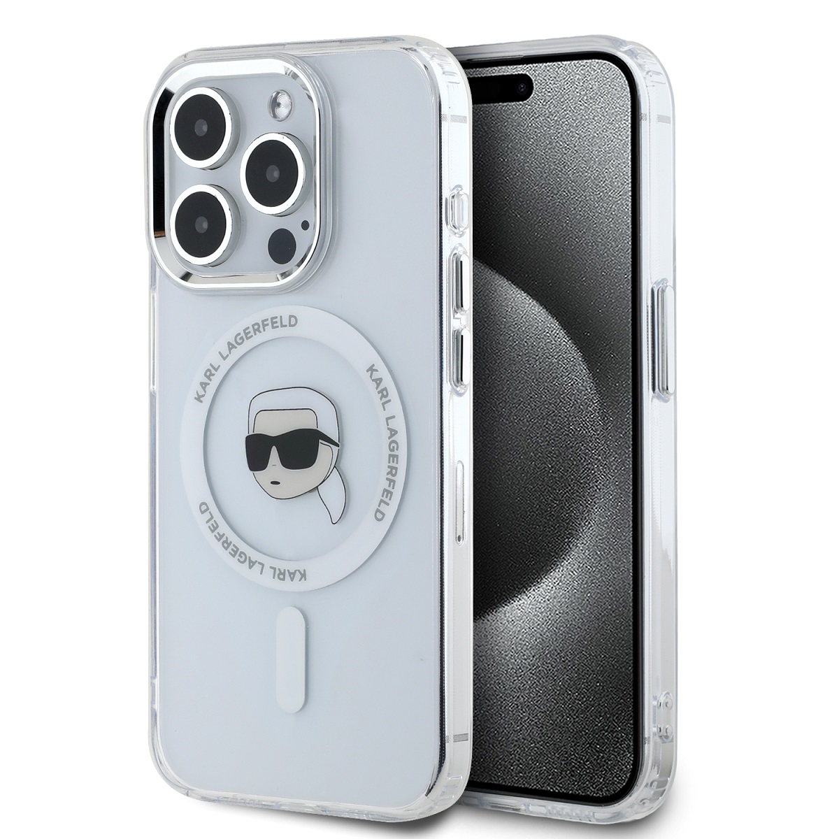 Skaidrus dėklas telefonui Apple Iphone 15 Pro Karl Lagerfeld IML Choupette Head Metal Frame MagSafe Skaidrus dėklas telefonui Apple Iphone 15 Pro Karl Lagerfeld IML Choupette Head Metal Frame MagSafe su juodu Choupette galvos atvaizdu