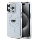 skaidrus deklas telefonui apple iphone 15 pro max karl lagerfeld iml choupette head metal frame magsafe su metalo rėmeliu aplink kameras