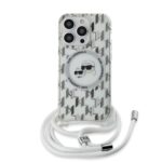 Skaidrus dėklas Karl Lagerfeld IML Monogram Crossbody KCH Heads MagSafe telefonui Apple iPhone 13 Pro Max su balta virvele ir monograma