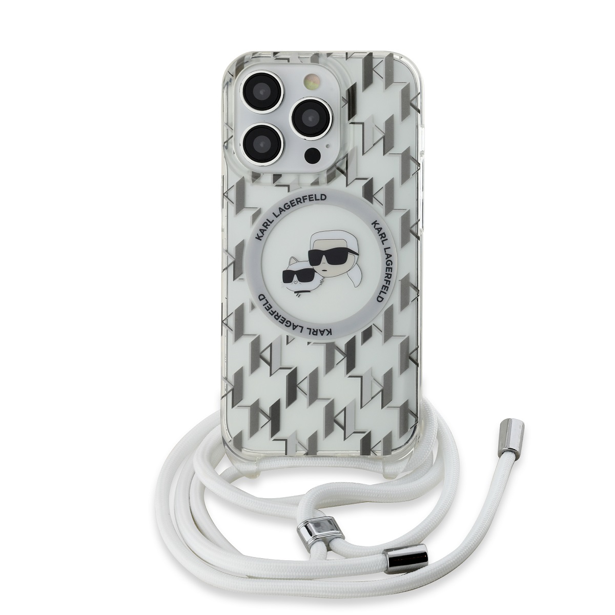 Skaidrus dėklas Karl Lagerfeld IML Monogram Crossbody KCH Skaidrus dėklas Karl Lagerfeld IML Monogram Crossbody KCH Heads MagSafe telefonui Apple iPhone 13 Pro Max su balta virvele ir monograma
