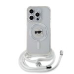 Skaidrus dėklas Karl Lagerfeld iPhone 15 Pro Max telefonui su sidabriniu raštu ir baltu virvelės dirželiu