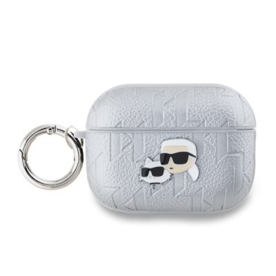 Sidabrinis dėklas AirPods Pro 2 Karl Lagerfeld PU Embossed Choupette Head su raktu