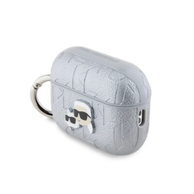 sidabrinis deklo airpods pro 2 karl lagerfeld pu embossed choupette head su metalu ziedu