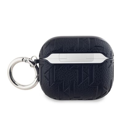 Juodas dėklas AirPods 3 su reljefiniu Karl Lagerfeld ir Choupette galvų raštu