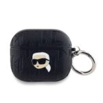 Juodas dėklas AirPods 3 Karl Lagerfeld PU su reljefiniu paviršiumi ir Karl Lagerfeld galvos emblemą