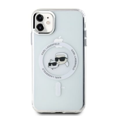 Skaidrus dėklas telefonui Apple Iphone 11 Karl Lagerfeld IML KCH Heads Metal Frame MagSafe su baltu rėmeliu ir iliustracija
