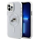 Skaidrus dėklas telefonui Apple Iphone 12 12 Pro Karl Lagerfeld IML KCH Heads Metal Frame MagSafe su baltu rėmeliu ir piešiniais