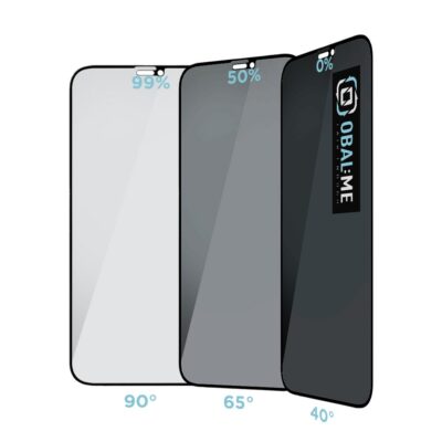 Juodas apsauginis ekrano stikliukas Apple iPhone 12 Pro Max su privatumo filtru rodantis skirtingus matomumo kampus.