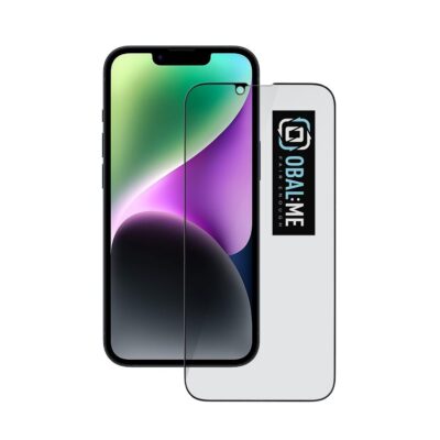 Juodas apsauginis ekrano stikliukas Apple iPhone 13 su OBAL:ME logotipu