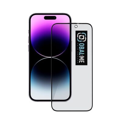 Juodas apsauginis ekrano stikliukas Apple iPhone 14 Pro su OBALME logotipu