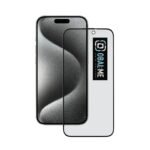 Juodas apsauginis ekrano stikliukas Apple iPhone 15 Pro OBALME Privacy 5D Glass Screen Protector prie telefono