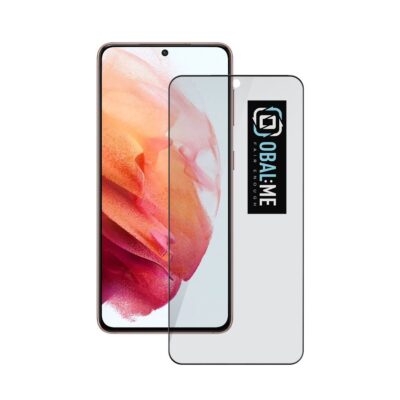 Juodas apsauginis ekrano stikliukas Samsung Galaxy S21 OBALME Privacy 5D Glass Screen Protector priekyje ir smartphone fonas