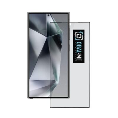 Juodas apsauginis ekrano stikliukas Samsung Galaxy S24 Ultra su matiniu paviršiumi ir logotipu