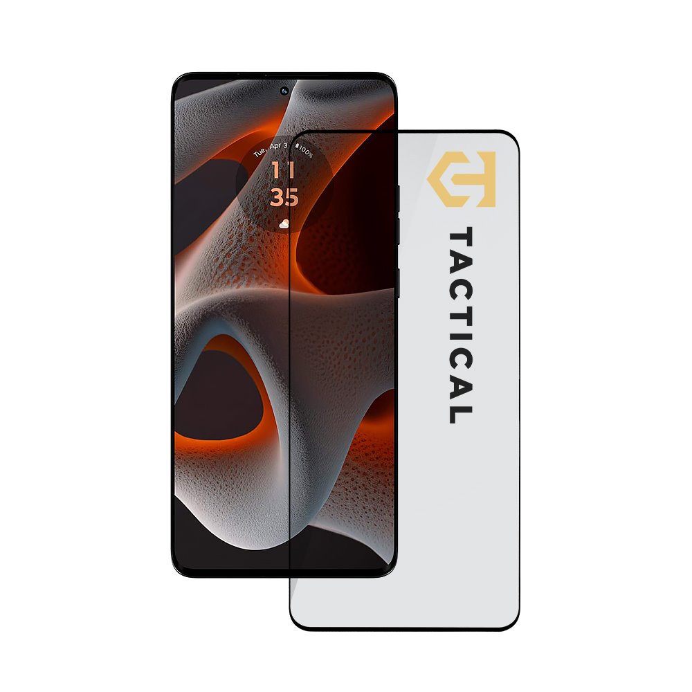 Juodas apsauginis ekrano stikliukas Motorola Edge 50 Pro 5G Tactical Glass Shield 5D Juodas apsauginis ekrano stikliukas Motorola Edge 50 Pro 5G Tactical Glass Shield 5D prie telefono ekrano