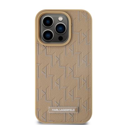 Beige dėklas Karl Lagerfeld PU odos su monograma ir metaliniu logotipu iPhone 14 Pro Max telefonui