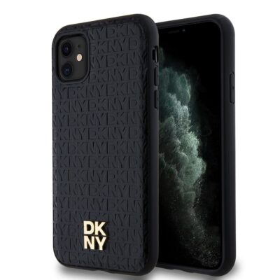 Juodas dėklas telefonui Apple Iphone 11 DKNY PU Leather su užrašu ir auksiniu logotipu