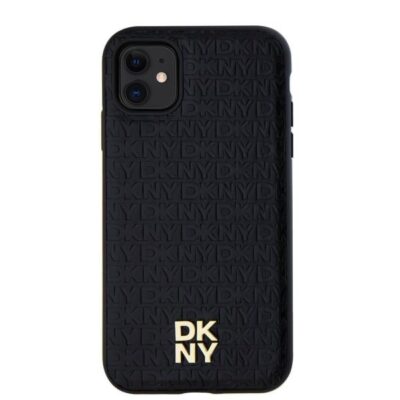 Juodas dėklas telefonui Apple Iphone 11 DKNY PU Leather Stack Logo Magsafe su reljefiniu raštu