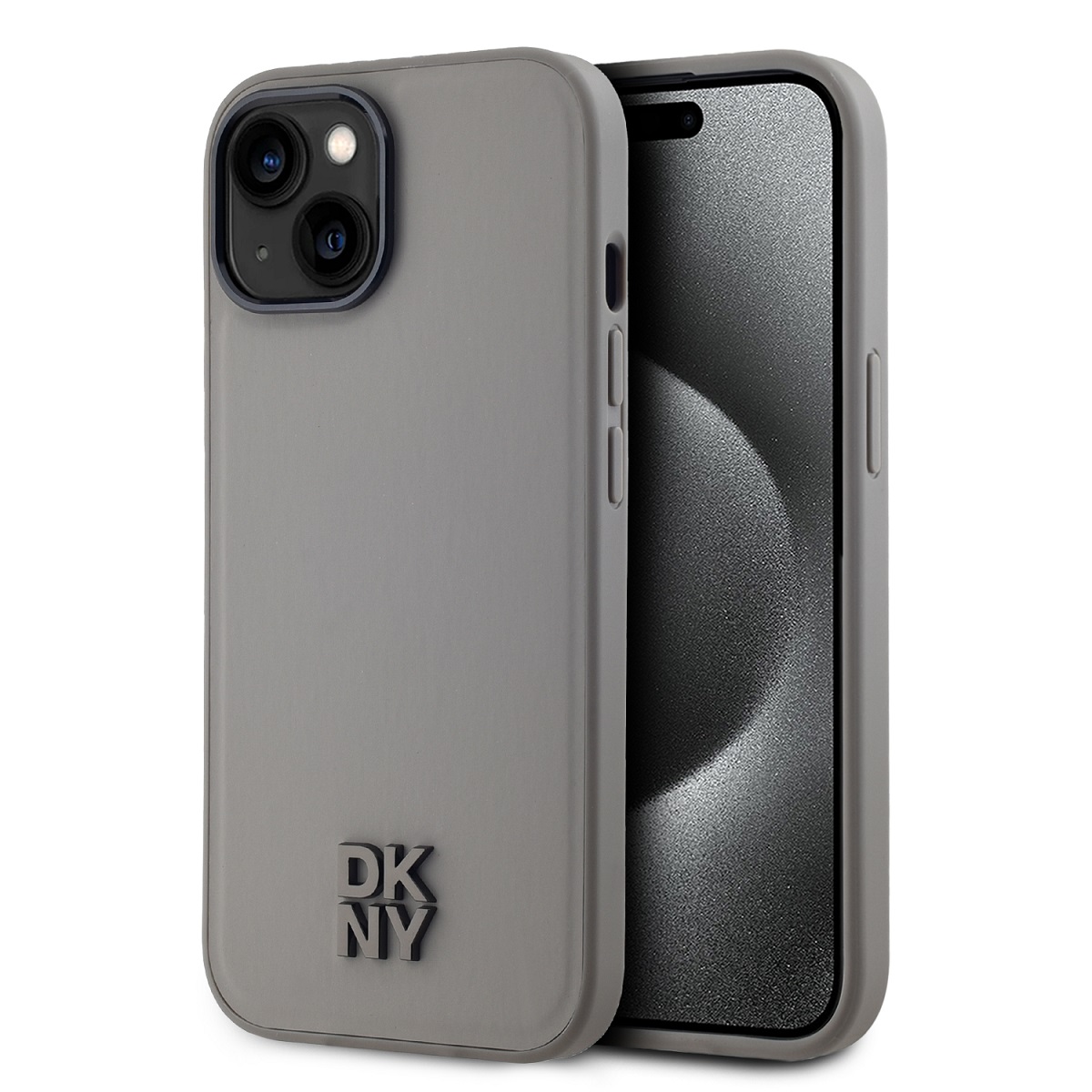 Pilkas dėklas telefonui Apple Iphone 15 DKNY PU Leather Stack Logo Magsafe Pilkas dėklas telefonui Apple Iphone 15 DKNY PU Leather Stack Logo Magsafe matomas iš priekio ir nugarėlės su matiniu paviršiumi