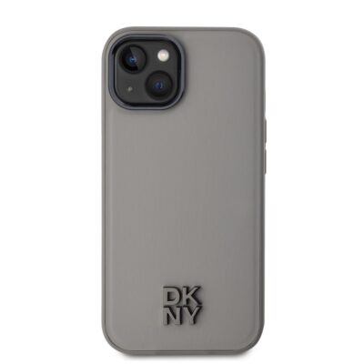 Pilkas dėklas telefonui Apple Iphone 15 su DKNY logotipu ir PU odos paviršiumi