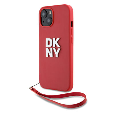 Raudonas dėklas DKNY PU Leather Stack Logo su riešo dirželiu Apple iPhone 13 telefonui