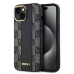 Juodas dėklas DKNY PU leather su languota tekstūra Apple iPhone 15 telefonui