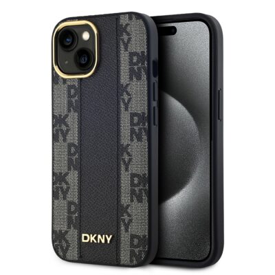 Juodas dėklas DKNY PU leather su languota tekstūra Apple iPhone 15 telefonui