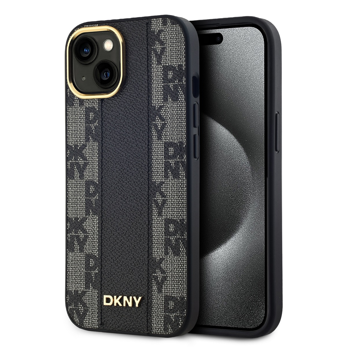 Juodas dėklas DKNY PU Leather Checkered Pattern Magsafe Juodas dėklas DKNY PU leather su languota tekstūra Apple iPhone 15 telefonui