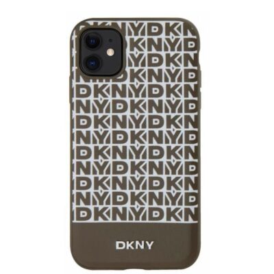 Rudas dėklas telefonui Apple Iphone 11 DKNY PU Leather Repeat Pattern Bottom Stripe su baltais DKNY logotipais