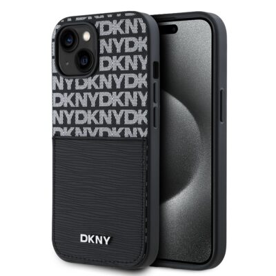 Juodas dėklas telefonui Apple Iphone 14 su DKNY PU odos raštu ir kortelės kišene