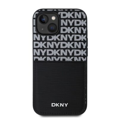 Juodas DKNY PU odos telefonui Apple Iphone 14 dėklas su kortelių kišene ir raštu