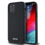 Juodas dėklas telefonui Apple Iphone 12 12 Pro DKNY su tekstūruota oda ir sidabriniu metaliniu logotipu