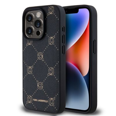 Juodas dėklas telefonui Apple Iphone 15 Pro Max su Karl Lagerfeld PU Karl Heads raštu ir MagSafe