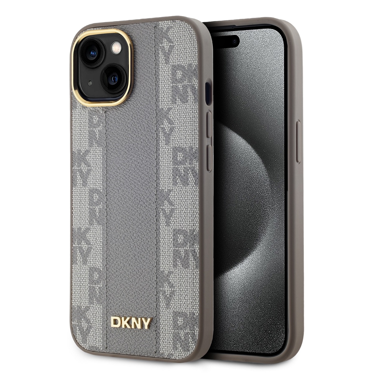 Beige dėklas telefonui Apple Iphone 15 DKNY PU odos languotu raštu Magsafe Beige dėklas telefonui Apple Iphone 15 su DKNY PU odos languotu raštu ir Magsafe funkcija
