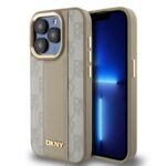 Beige deklas telefonui Apple Iphone 15 Pro su DKNY raštais ir odiniu dizainu