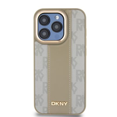 Beige dėklas telefonui Apple Iphone 15 Pro Max DKNY PU Leather Checkered Pattern Magsafe su raštu ir auksiniu logotipu