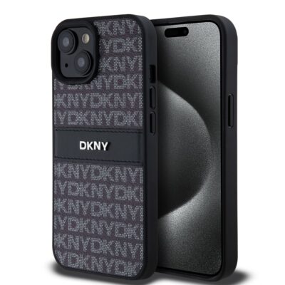 Juodas dėklas telefonui Apple Iphone 15 DKNY su tekstūriniu raštu ir logotipu
