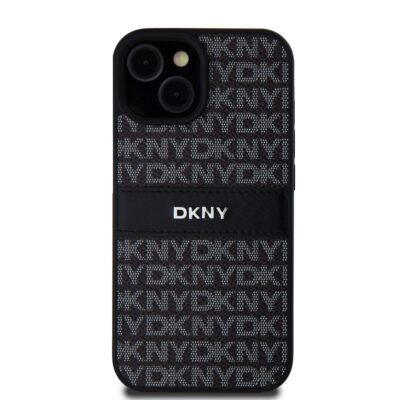 Juodas dėklas telefonui Apple Iphone 15 DKNY PU Leather su pasikartojančiu raštu ir juodu dryžu