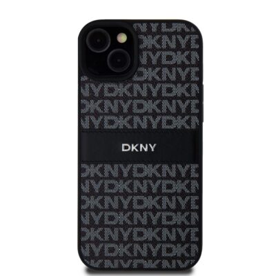 Juodas dėklas telefonui Apple Iphone 15 Plus su DKNY logotipo raštu ir dirbtinės odos juosta