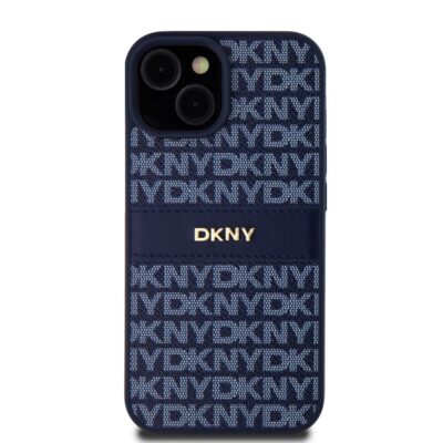Mėlynas dėklas telefonui Apple Iphone 15 DKNY PU Leather Repeat Pattern Tonal Stripe su logotipu