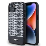 Juodas dėklas telefonui Apple Iphone 13 DKNY PU Leather su baltu logotipų raštu ir juosta apačioje