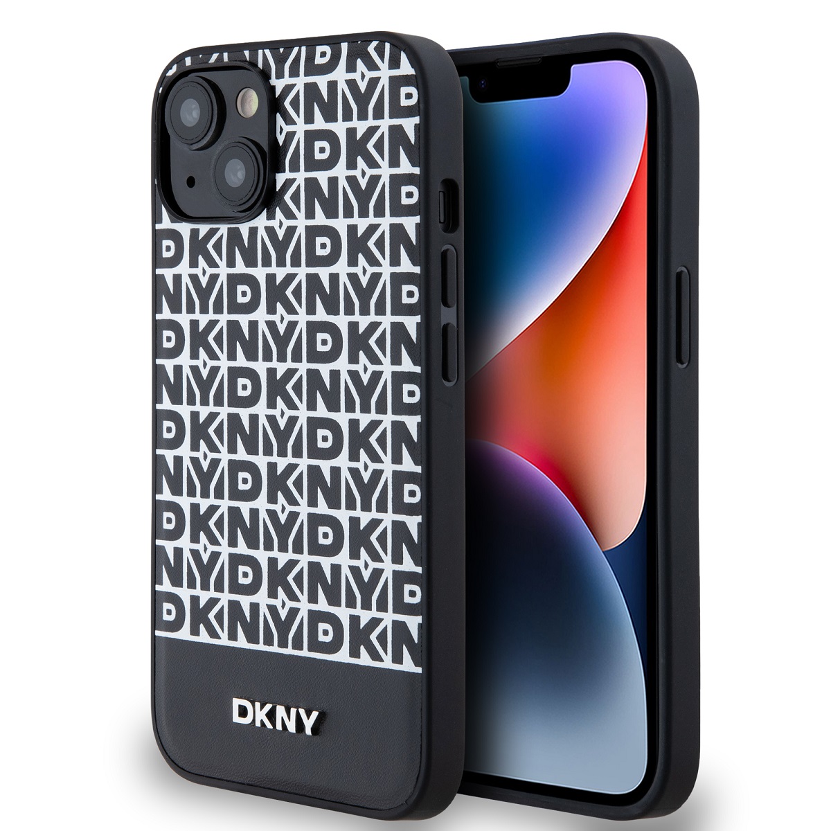 Juodas dėklas telefonui Apple Iphone 13 DKNY PU Leather Repeat Pattern Bottom Stripe Juodas dėklas telefonui Apple Iphone 13 DKNY PU Leather su baltu logotipų raštu ir juosta apačioje