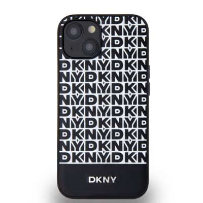 Juodas dėklas telefonui Apple Iphone 13 su DKNY baltai juodu logotipo raštu ir apatinės dalies juostele