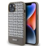 Rudas dėklas telefonui Apple Iphone 15 su DKNY logotipo raštu ir apatine juostele