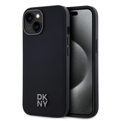 Juodas dėklas telefonui Apple Iphone 14 DKNY PU Leather Stack Magsafe su matiniu paviršiumi ir ryškia DKNY logotipo detalė