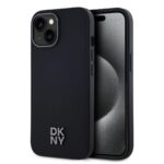 Juodas dėklas telefonui Apple Iphone 15 DKNY PU Leather Stack Magsafe su metaliniu DKNY logotipu