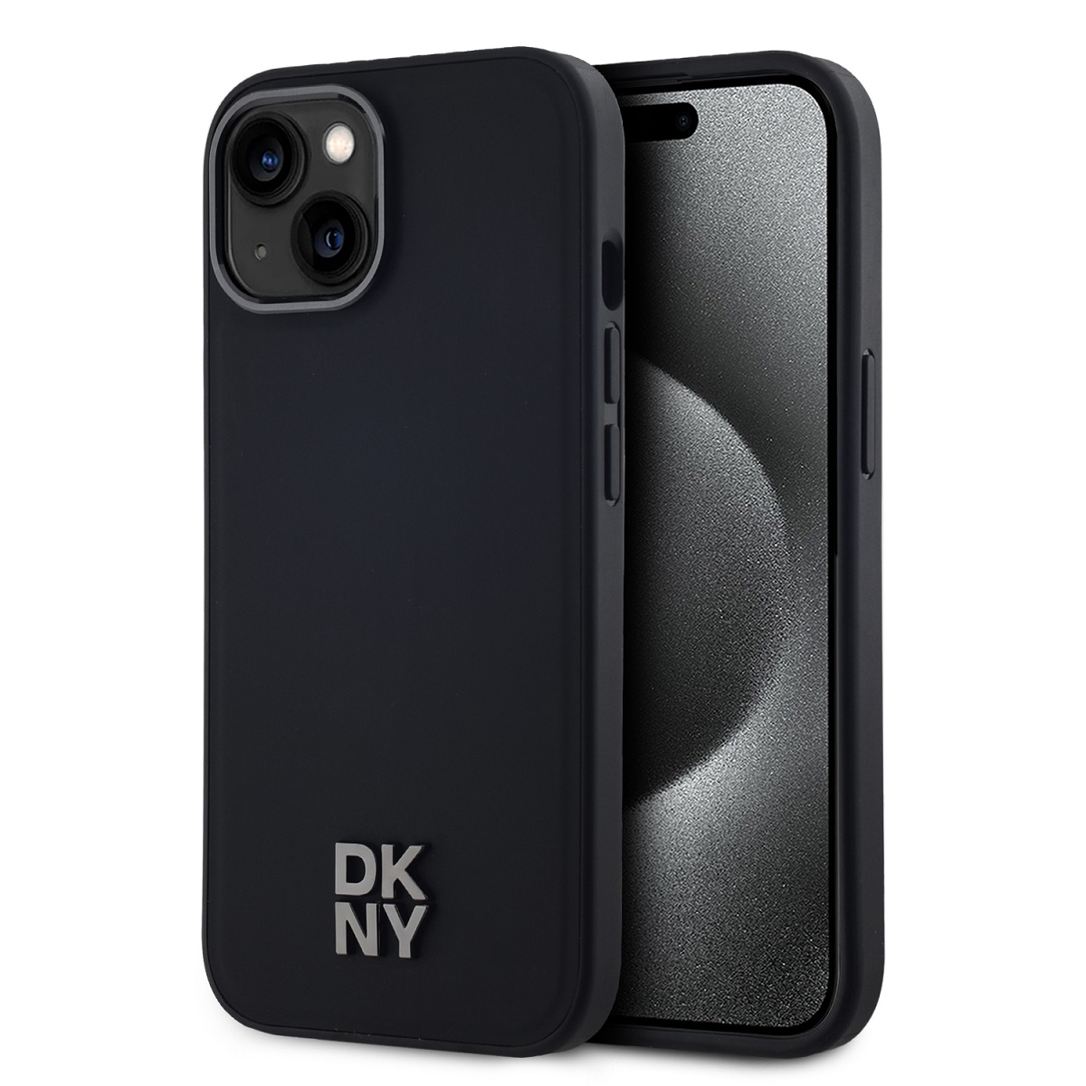 Juodas dėklas telefonui Apple Iphone 15 DKNY PU Leather Stack Magsafe Juodas dėklas telefonui Apple Iphone 15 DKNY PU Leather Stack Magsafe su metaliniu DKNY logotipu
