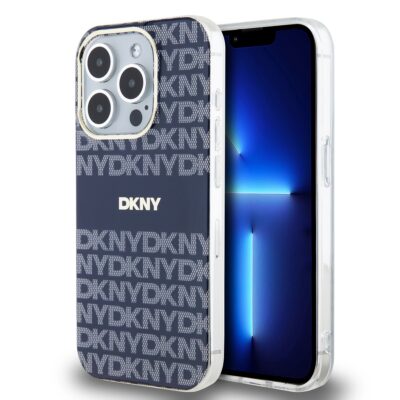 Mėlynas dėklas telefonui Apple Iphone 15 Pro Max su DKNY logotipo raštu ir skaidriomis kraštinėmis