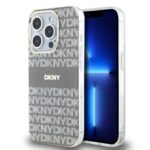 Beige dėklas telefonui Apple Iphone 13 Pro Max DKNY PC TPU Repeat Pattern Tonal Stripe Magsafe su baltu DKNY raštu