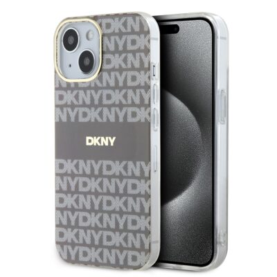 Beige dėklas telefonui Apple iPhone 14 su DKNY logotipu ir raštu